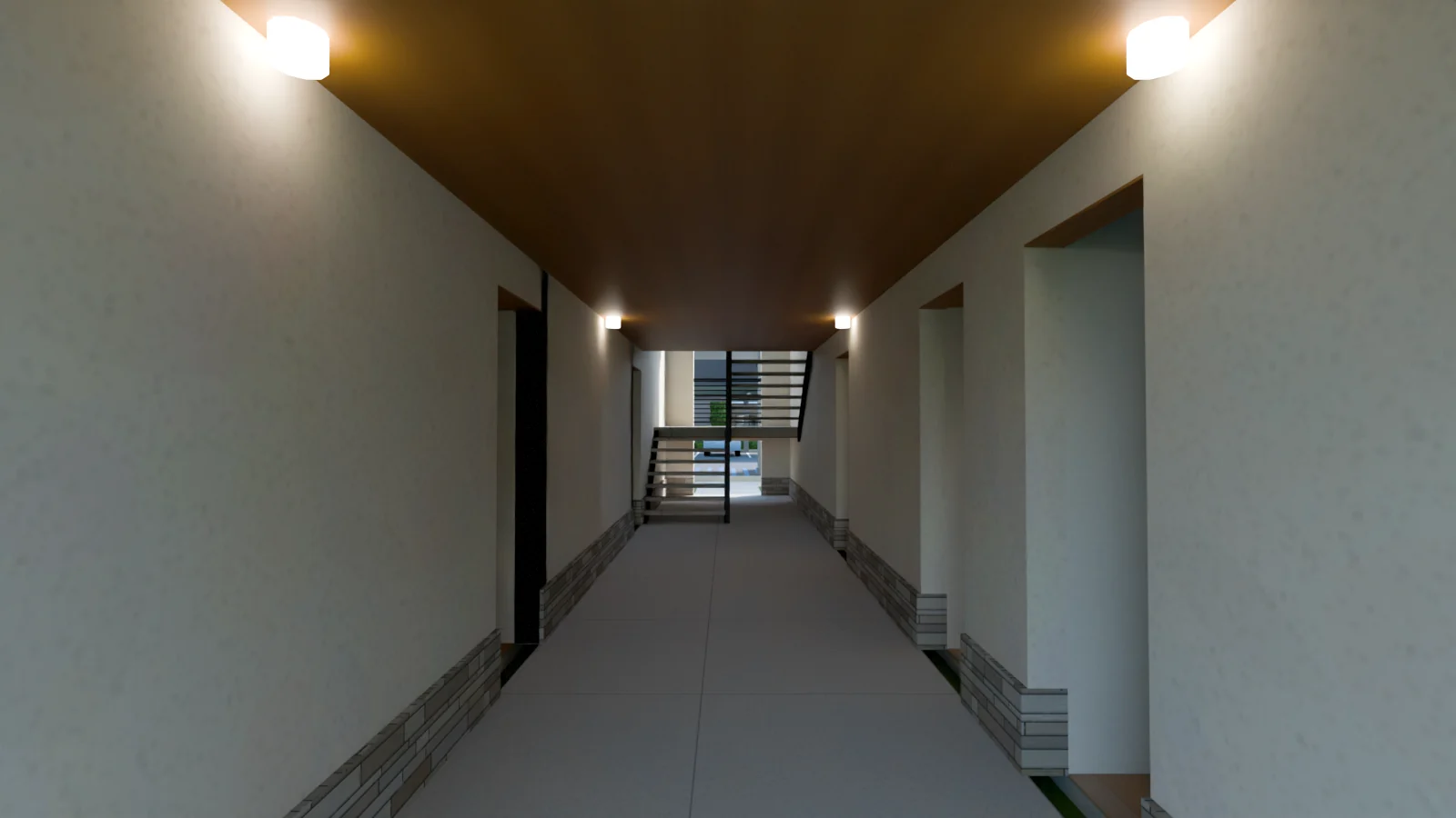 An open breezeway with the front doors and the stair