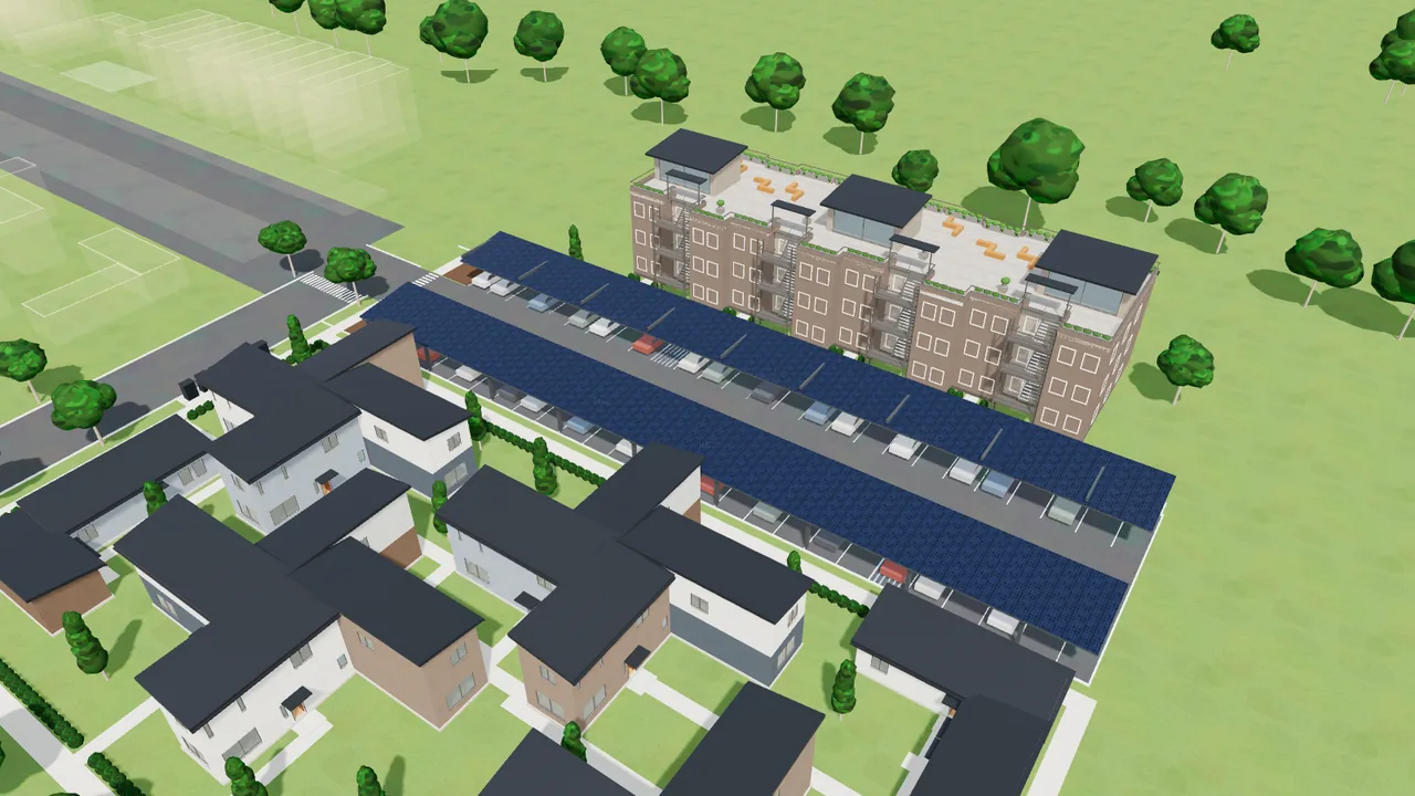 The solar canopies over the parking rows