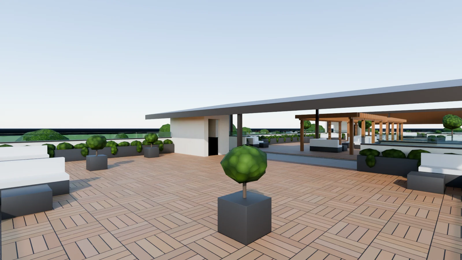 The west wing roof deck, the shed roof and the elevator head house