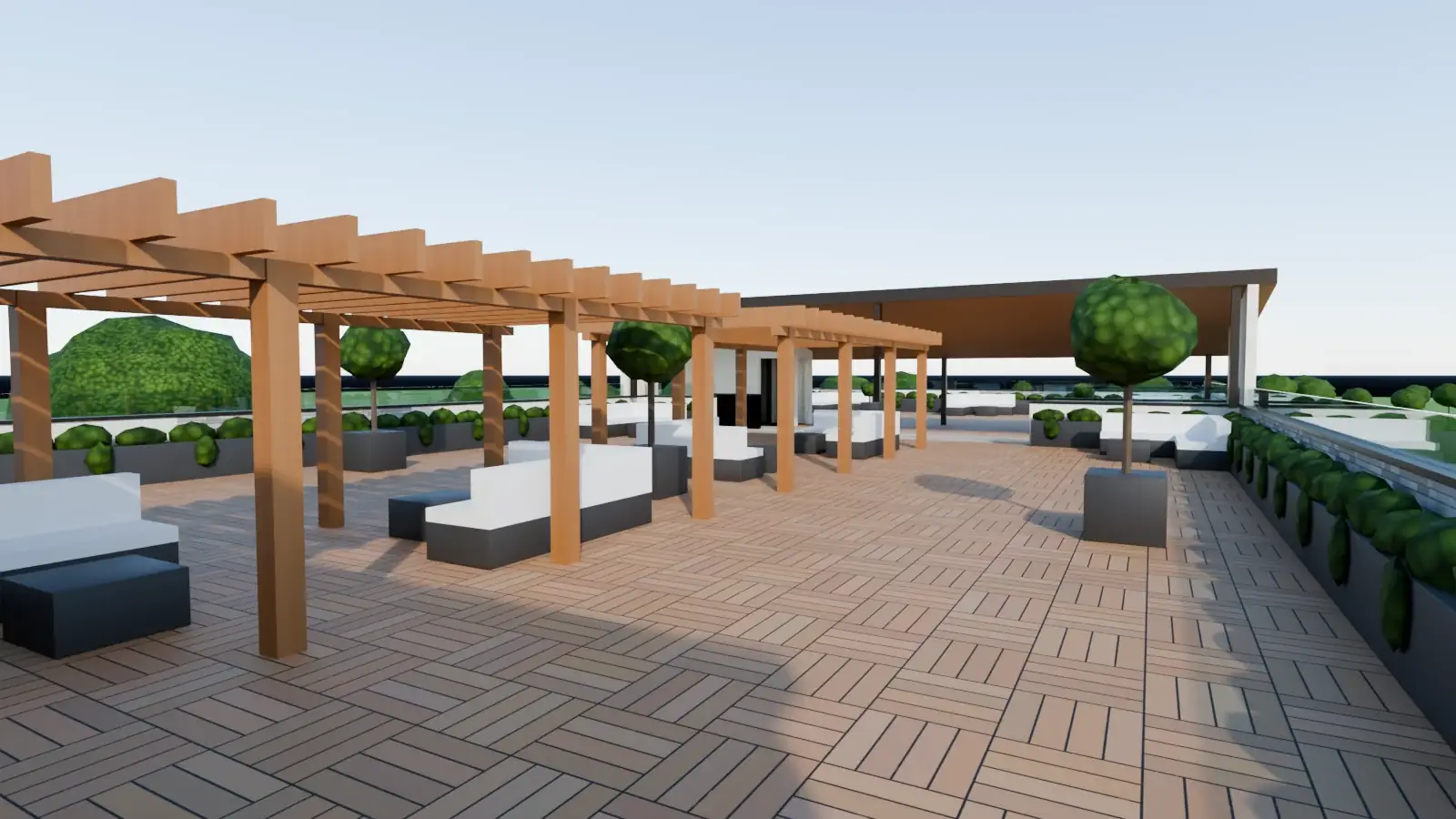 The center roof deck with built-in seating under two pergolas