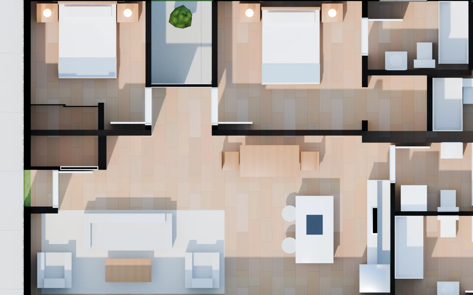The 2 BD home from above, furnished
