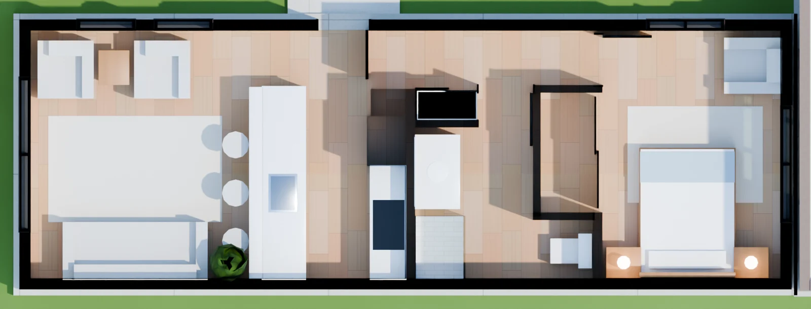 The Bungalow from above, furnished
