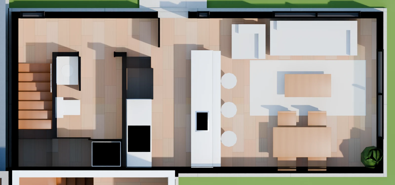 The Cottage's ground floor from above, furnished