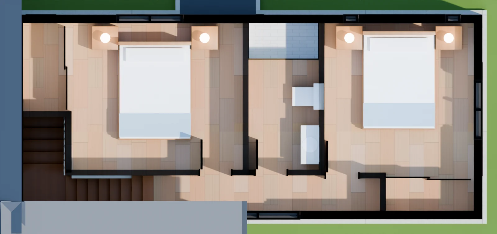 The Cottage's upper floor from above, furnished