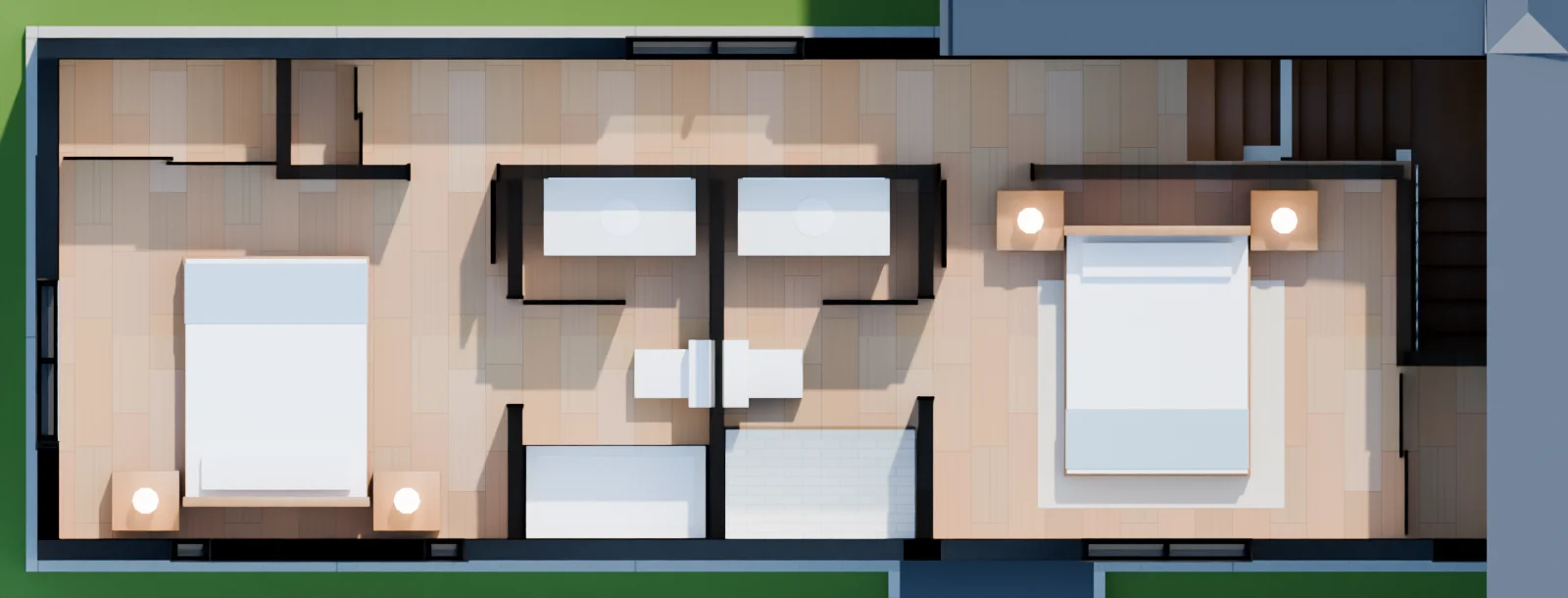 The Villa's upper floor from above, furnished