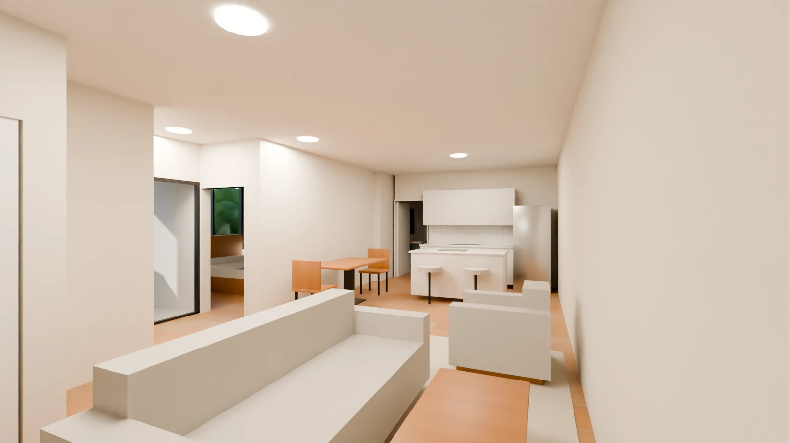 2 BD living room and island kitchen