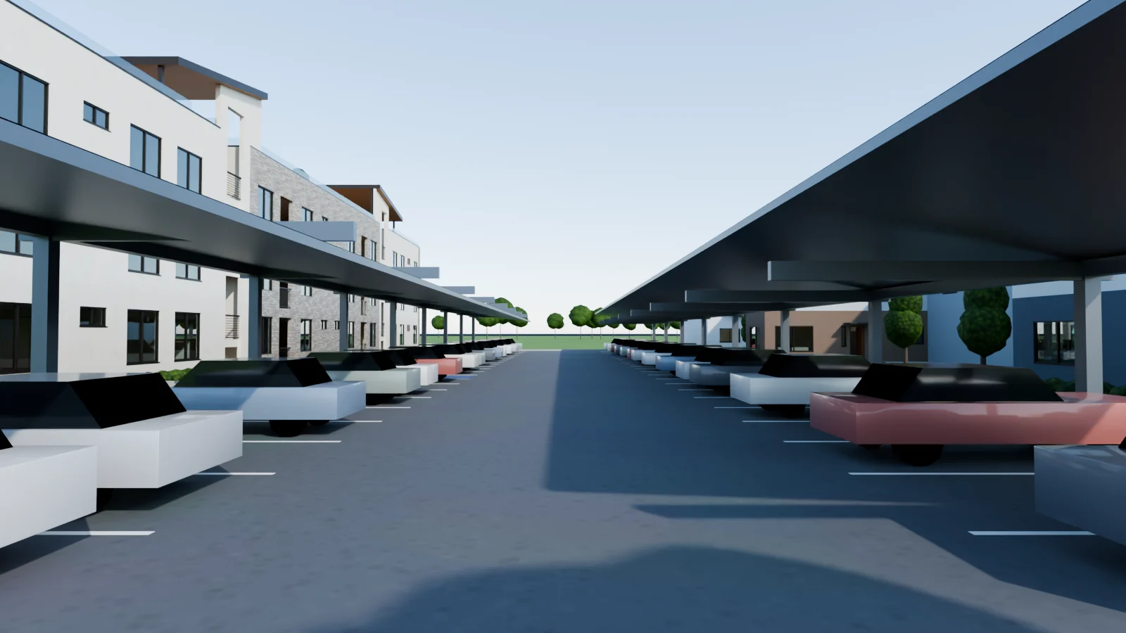 The drive aisle between the two solar-covered parking rows