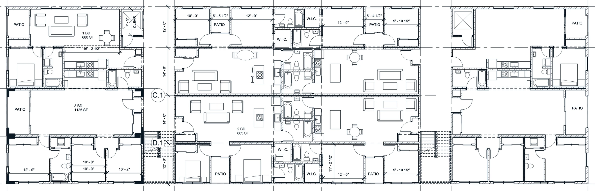 Sheet A02.10, The Landing's Level One plan: eight homes in three blocks with two breezeways