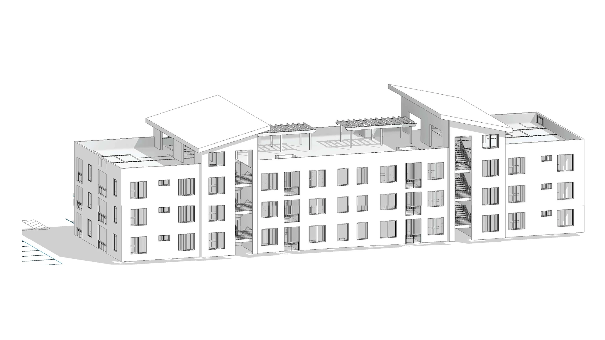 Line drawing of The Landing in the A1 form at three stories, with shed roofs over the stairs and pergolas on the roof